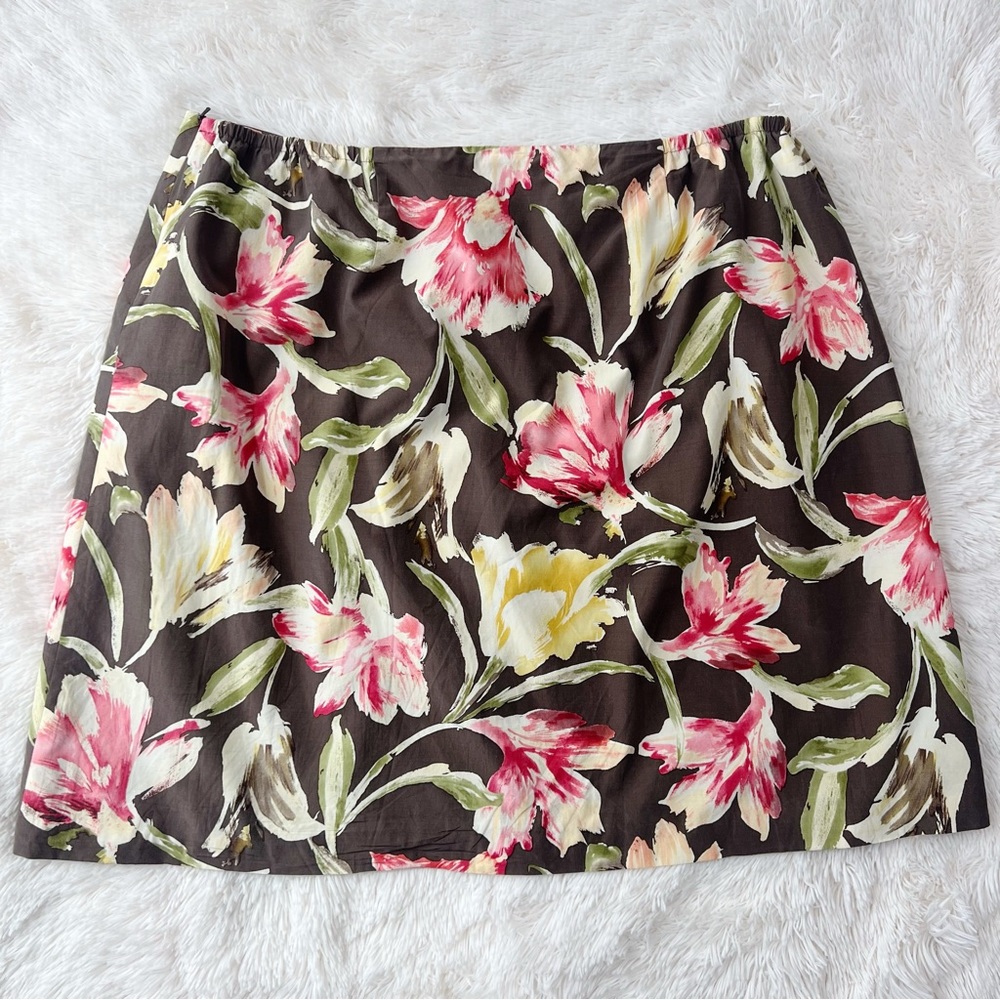 Talbots silk blend floral skirt brown pink and yellow Sz 24W - Picture 2 of 11